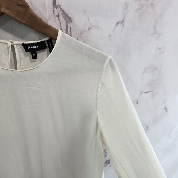 Theory Shirt Womens Medium White Silk Blouse Bell Flare Keyhole Ruffle Peplum - Picture 12 of 13